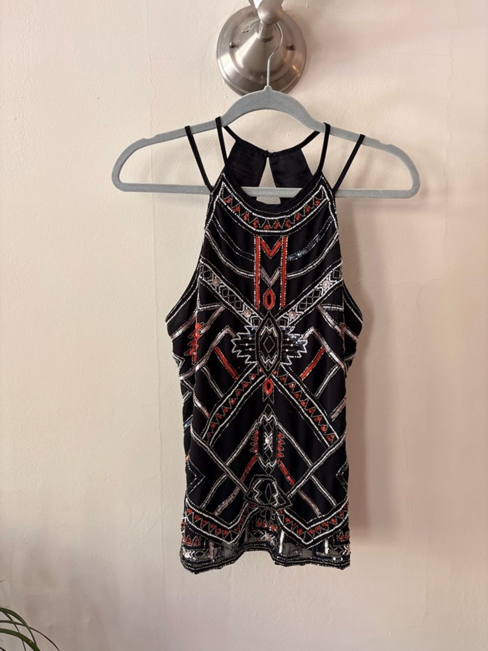 Parker Black Beaded Halter Top with Silver and Red Accents Size Small